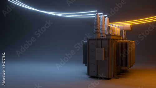 Three-phase transformer glows on a dark background. Template with neon wires and copy space. Energy design. 3d illustration photo