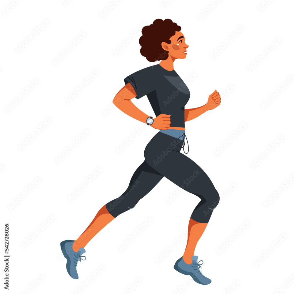 Vector illustration in a flat style with a young African-American woman running a marathon. Preparation for sports competitions. Sports, training, running.