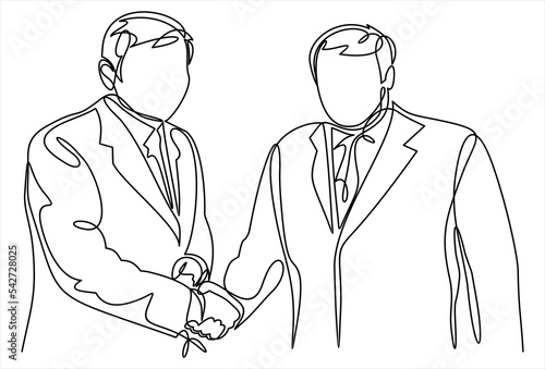 One line drawing of two businessmen in suitcase shaking hand and agree to deal a project. Single line drawing of business concept.