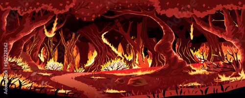 Vector mysterious fairy forest lit for game scene,  burning forest ecology problem, path in the forest through burning trees, bushes and grass, cartoon image wildfire for video games, prints 