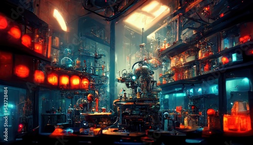 Mad scientist laboratory, machinarium interior with intricate machinery photo