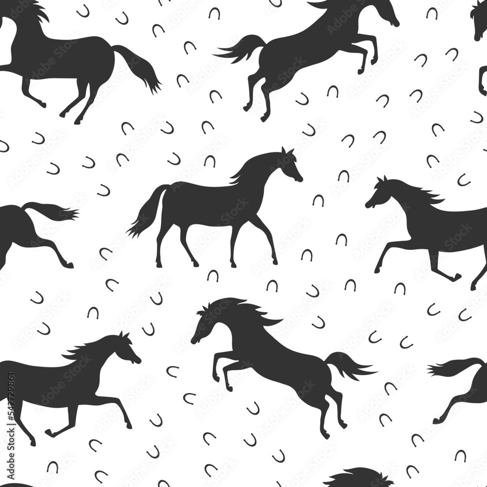 Seamless vector pattern with black running horses and horseshoes on a white background. Graphic print for children