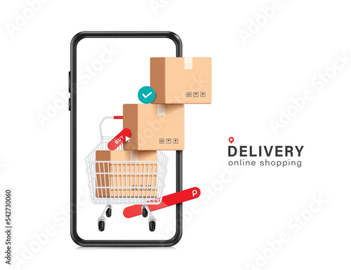 Parcel boxes or cardboard boxes are stacked three layers in a shopping cart and all object display on a smartphone screen