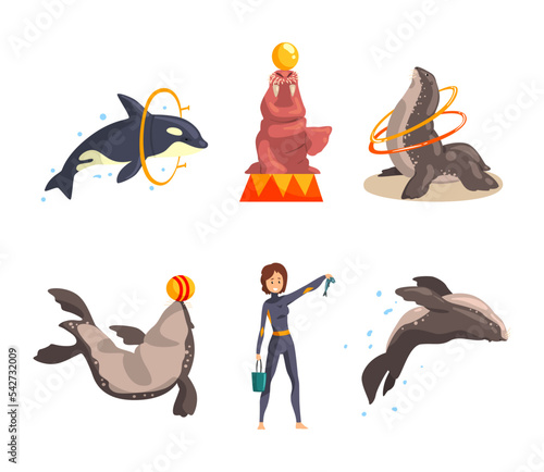 Oceanarium or Dolphinarium with Sea Animals and Trainers Performing Stunt Vector Set