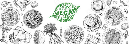 Vegan food frame. Hand drawn vector illustration. Design template. Organic vegan food sketch. Vintage design template. Product design. Great for packaging, recipe book, menu. Vegetarian food sketch