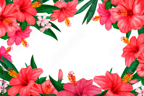 Wildflower hibiscus pink flower frame in a watercolor style. Full name of the plant  hibiscus. Aquarelle wild flower for background  texture  wrapper pattern  frame or border.