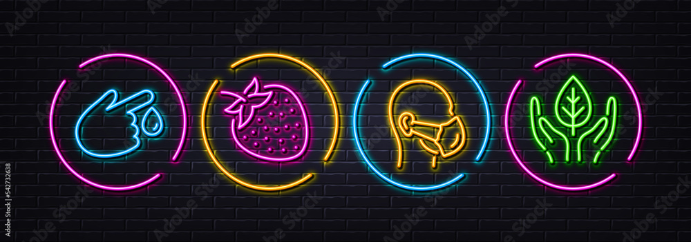 Strawberry, Medical mask and Blood donation minimal line icons. Neon laser 3d lights. Fair trade icons. For web, application, printing. Fresh fruit, Respirator, Injury. Safe nature. Vector Strawberry, Medical mask and Blood donation minimal line icons. Neon laser 3d lights. Fair trade icons. For web, application, printing. Fresh fruit, Respirator, Injury. Safe nature. Vector