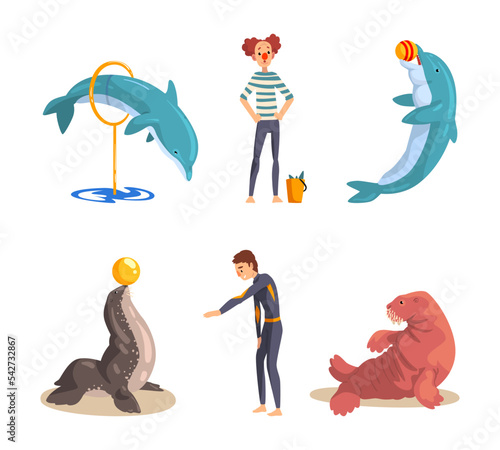 Oceanarium or Dolphinarium with Sea Animals and Trainers Performing Stunt Vector Set