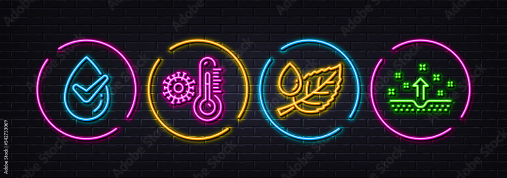 Thermometer, Leaf dew and Dermatologically tested minimal line icons. Neon laser 3d lights. Clean skin icons. For web, application, printing. Covid temperature, Water drop, Organic. Cosmetics. Vector