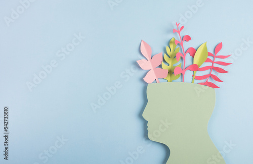 Mental Health, environment and ecology concept. Head silhouette made from paper with colorful leaves on pastel blue background. Top view, flat lay, copy space © Elena