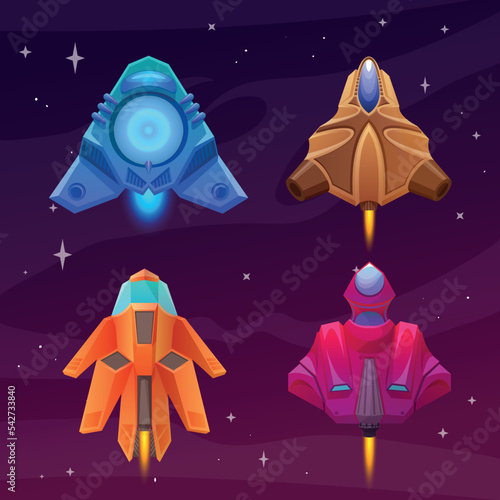 Vector space rocket in space against the background of the starry sky, various futuristic shapes for games, arcade games, shooter games, colorful cartoon spacecraft rockets, space craft ships, 