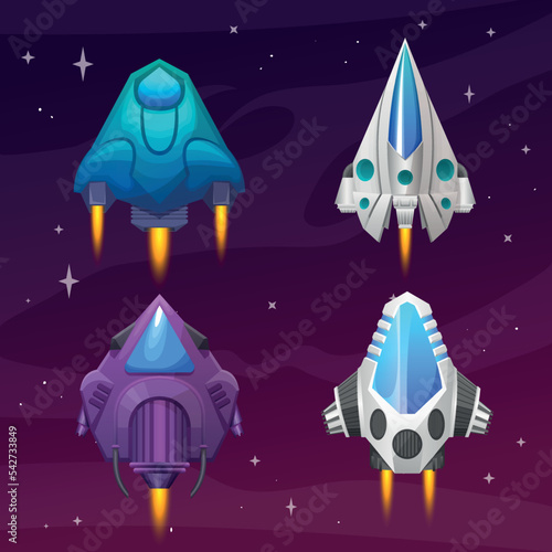 Set of cartoon space starships for various games, video game, poster, banners concept, Vector spacecraft rockets, space craft ships, fantasy vehicles with jet engine, spacecrafts from alien invaders,  photo