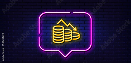 Neon light speech bubble. Money loss line icon. Financial crisis sign. Business bankruptcy symbol. Neon light background. Money loss glow line. Brick wall banner. Vector