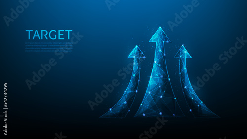 arrow growth up the target digital technology. Return on investment chart increases. Vision for financial growth stretch. wireframe on blue background. line up to success goal. vector illustration.