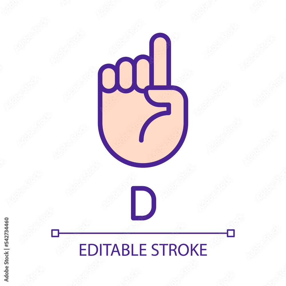 Signing letter D in ASL pixel perfect RGB color icon. Nonverbal system. People with deafness support. Isolated vector illustration. Simple filled line drawing. Editable stroke. Arial font used Signing letter D in ASL pixel perfect RGB color icon. Nonverbal system. People with deafness support. Isolated vector illustration. Simple filled line drawing. Editable stroke. Arial font used