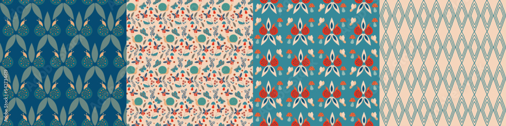 Set of seamless nature pattern. Abstract shapes, elements, mushrooms, insects, leaves, plants, ferns, autumn, background, hand drawn, minimalist, packaging, wallpaper, design for textiles, vector Set of seamless nature pattern. Abstract shapes, elements, mushrooms, insects, leaves, plants, ferns, autumn, background, hand drawn, minimalist, packaging, wallpaper, design for textiles, vector