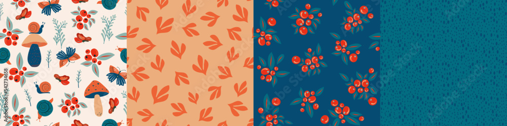Set of seamless nature pattern. Abstract shapes, elements, mushrooms, insects, leaves, plants, ferns, autumn, background, hand drawn, minimalist, packaging, wallpaper, design for textiles, vector Set of seamless nature pattern. Abstract shapes, elements, mushrooms, insects, leaves, plants, ferns, autumn, background, hand drawn, minimalist, packaging, wallpaper, design for textiles, vector