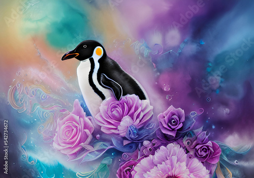 penguin in a magic world on a background of flowers