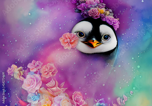penguin in a magic world on a background of flowers