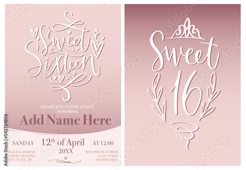 Sweet sixteen invitation template for 16th Birthday party. Modern calligraphy card in blush pink, mauve and white colors. Elegant design with flourishes, hearts and diadem.