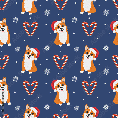 Seamless pattern with corgis in Santa Claus hat and caramels. Background for wrapping paper, greeting cards and seasonal designs. Merry Christmas and Happy new year.