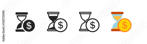 Hourglass with dollar outline icon set. Time is money. Sand watches. Concept of time management. Business investment, profit, deadline symbol. Flat design.