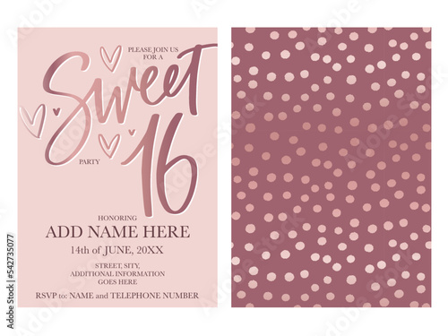 Sweet sixteen invitation template in rose gold and dusty pink colors with metallic effect. 16th Birthday party modern calligraphy double sided vector design with confetti background and hearts.