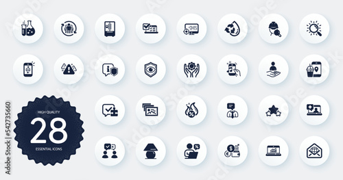 Set of Technology icons, such as Search, Web mail and Online survey flat icons. Recruitment, Mail, Food app web elements. Puzzle, Photo album, Online discounts signs. Warning, Table lamp. Vector