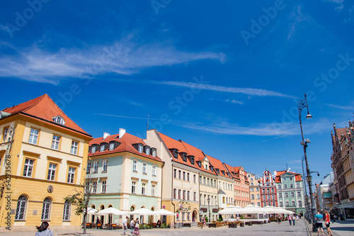 Historic tenement houses in Wroclaw's Old Town on a sunny day. Summer.