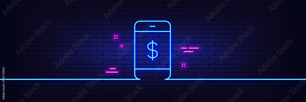 Neon light glow effect. Mobile Shopping line icon. Smartphone Online buying sign. Dollar symbol. 3d line neon glow icon. Brick wall banner. Smartphone payment outline. Vector Neon light glow effect. Mobile Shopping line icon. Smartphone Online buying sign. Dollar symbol. 3d line neon glow icon. Brick wall banner. Smartphone payment outline. Vector