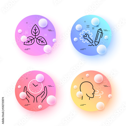 Safe time, Fair trade and Engineering minimal line icons. 3d spheres or balls buttons. Breathing exercise icons. For web, application, printing. Hold clock, Leaf, Construction. Breath. Vector