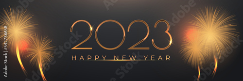2023 New Year Abstract background with fireworks and gold text effect.