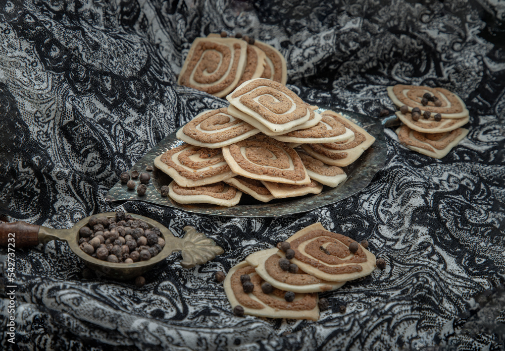 Traditional black pepper cookies. Its flavour has a sweet and hot spicy taste from black pepper, Selective Focus.