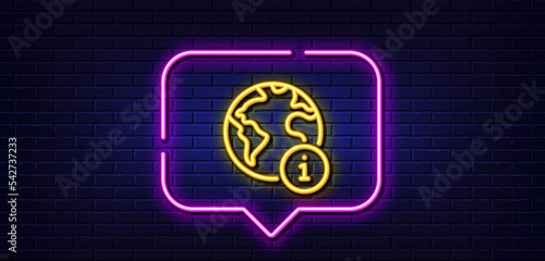Neon light speech bubble. Web information line icon. Internet info sign. Global inform symbol. Neon light background. Internet glow line. Brick wall banner. Vector
