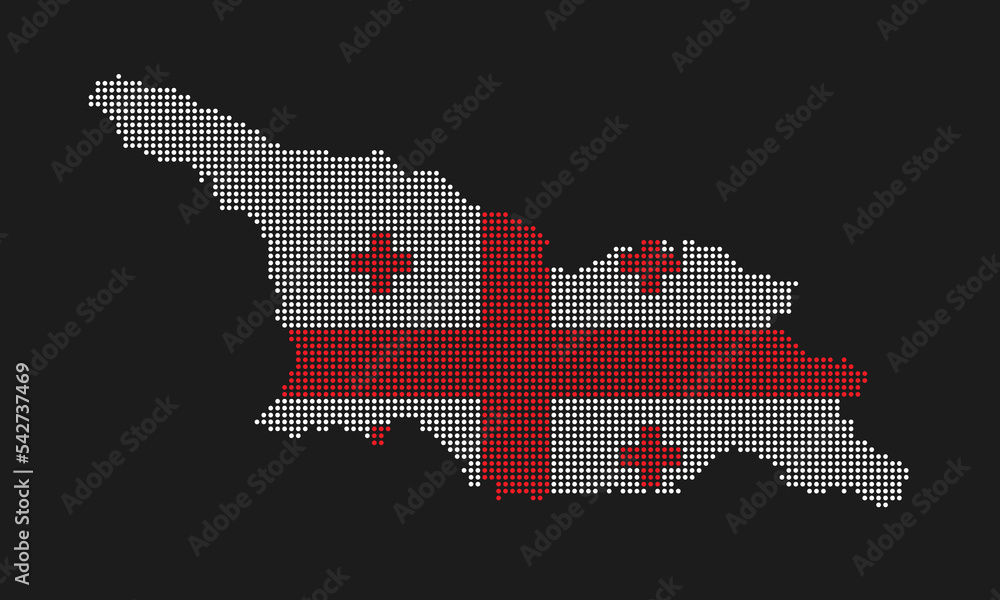 Georgia map flag with grunge texture in mosaic dot style. Abstract pixel vector illustration of a country map with halftone effect for infographic. Georgia map flag with grunge texture in mosaic dot style. Abstract pixel vector illustration of a country map with halftone effect for infographic.