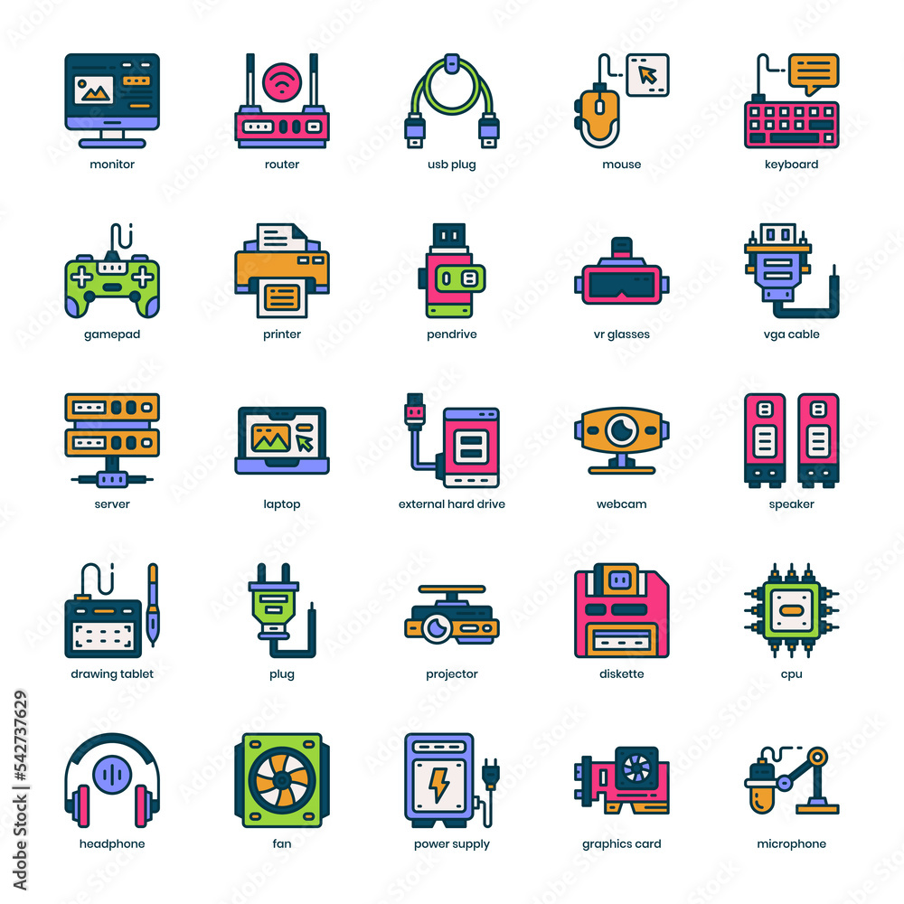 Computer Hardware icon pack for your website design, logo, app, and user interface. Computer Hardware icon filled color design. Vector graphics illustration and editable stroke. Computer Hardware icon pack for your website design, logo, app, and user interface. Computer Hardware icon filled color design. Vector graphics illustration and editable stroke.