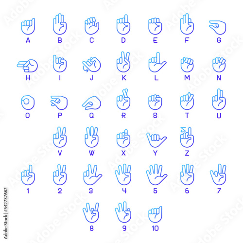 American sign language pixel perfect gradient linear vector icons set. Communication system. Dealing with deafness. Thin line contour symbol designs bundle. Isolated outline illustrations collection