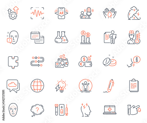 Science icons set. Included icon as Electricity bulb, Stress protection and Weather forecast web elements. Blood and saliva test, Puzzle, Methodology icons. Medical help, Stress. Vector