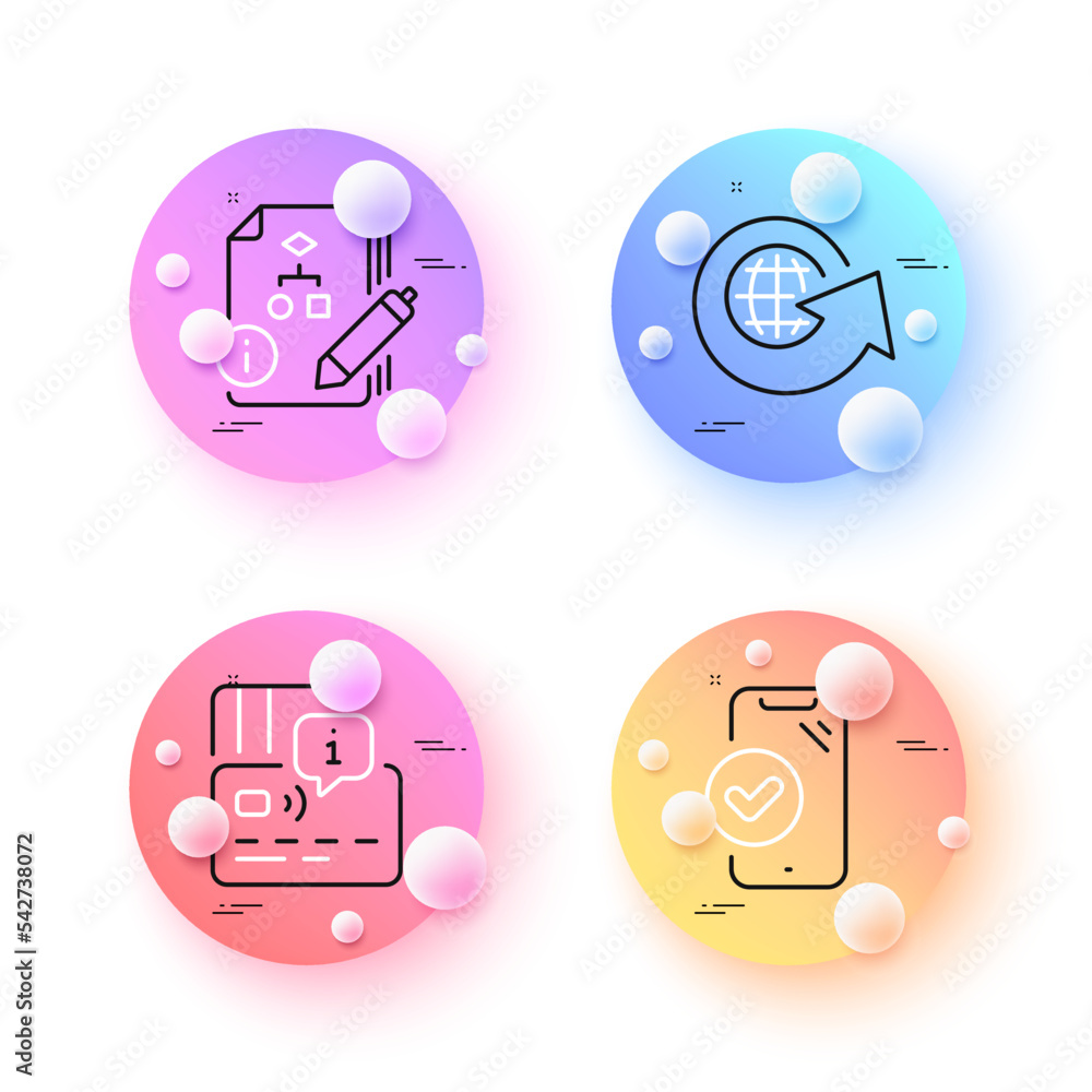 World globe, Approved phone and Card minimal line icons. 3d spheres or balls buttons. Algorithm icons. For web, application, printing. Around the world, Verified smartphone, Bank payment. Vector World globe, Approved phone and Card minimal line icons. 3d spheres or balls buttons. Algorithm icons. For web, application, printing. Around the world, Verified smartphone, Bank payment. Vector