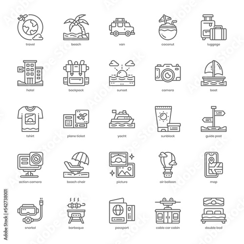 Holiday and Travel icon pack for your website design, logo, app, and user interface. Holiday and Travel icon outline design. Vector graphics illustration and editable stroke.
