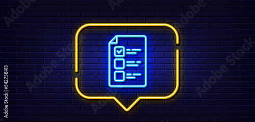 Neon light speech bubble. Voting ballot paper line icon. Vote checklist sign. Public election symbol. Neon light background. Voting ballot glow line. Brick wall banner. Vector