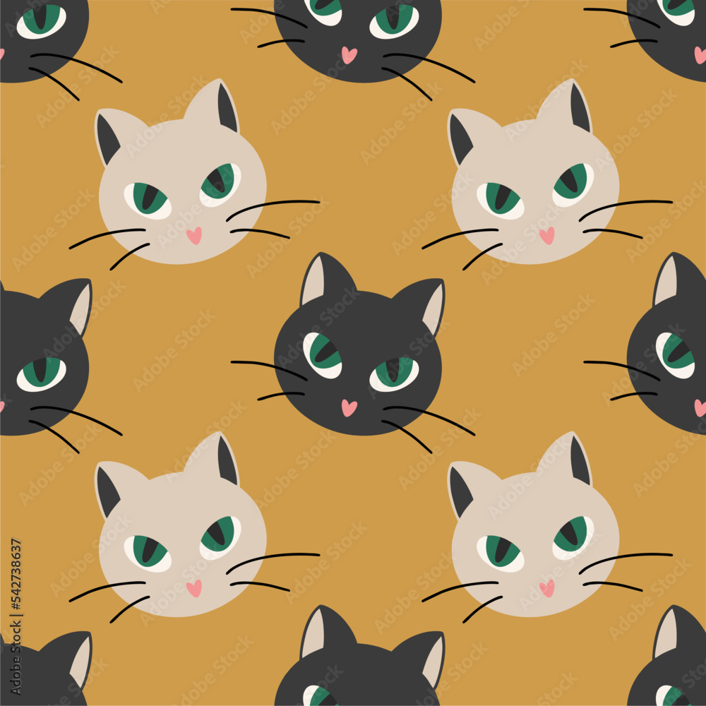 Muzzle of cats, hand drawn backdrop. Colorful seamless pattern with muzzles of animals. Decorative cute wallpaper, good for printing. Overlapping background vector. Design illustration.