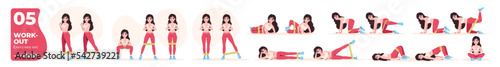 Sport exercises with rubber band set. Workout and gym. Resistance stretching band. Body health, healthy lifestyle. Woman doing fitness activities and yoga. Flat style design. Vector illustration eps10