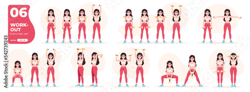 Sport exercises with dumbbells set. Workout and gym. Body health  healthy lifestyle. Woman doing fitness activities. Flat style. Modern design. Cute pretty female character. Vector illustration eps10.