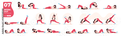 Sport exercises set. Workout and gym. Body health, healthy lifestyle. Woman doing fitness activities and yoga. Flat style. Modern design. Cute pretty female character. Vector illustration eps10.