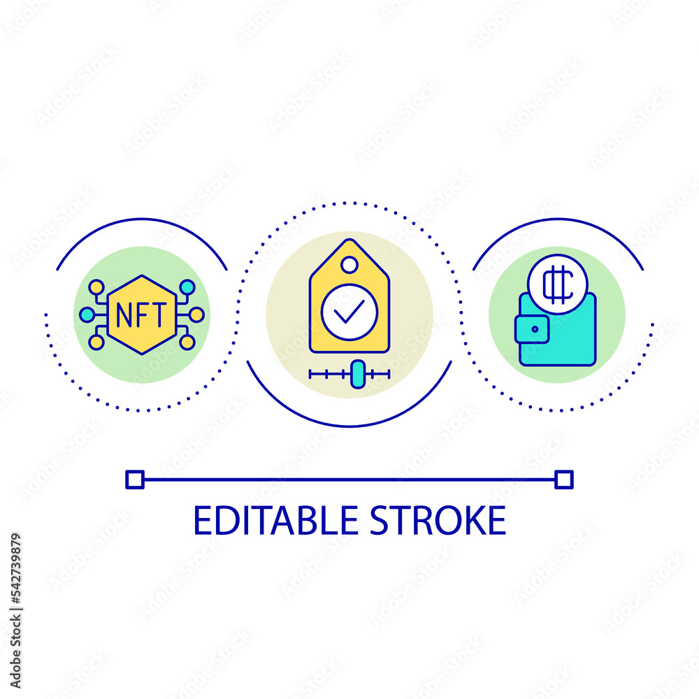 NFTs selling loop concept icon. Digital art monetization. Blockchain technology for business abstract idea thin line illustration. Isolated outline drawing. Editable stroke. Arial font used NFTs selling loop concept icon. Digital art monetization. Blockchain technology for business abstract idea thin line illustration. Isolated outline drawing. Editable stroke. Arial font used