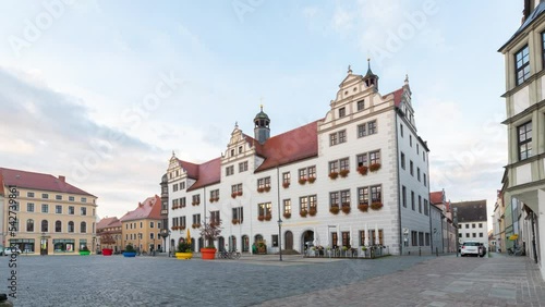 Torgau, Germany. Building of historic Town Hall located on Marktplatz square  - time lapse video
