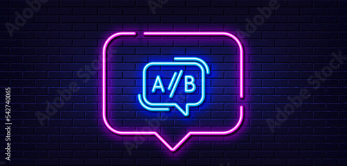 Neon light speech bubble. Ab testing line icon. Ui test chat bubble sign. Neon light background. Ab testing glow line. Brick wall banner. Vector