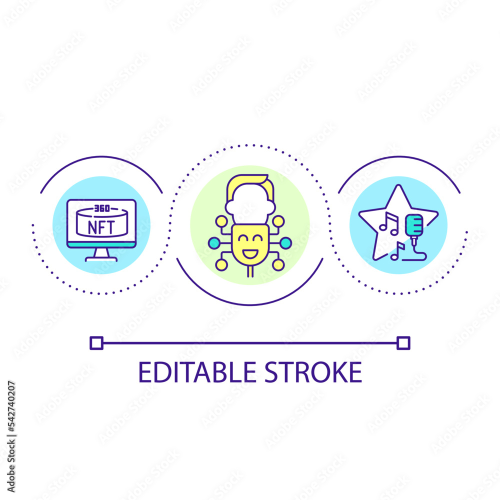 Use NFT personality loop concept icon. Virtual characters creation. Crypto art facilities abstract idea thin line illustration. Isolated outline drawing. Editable stroke. Arial font used Use NFT personality loop concept icon. Virtual characters creation. Crypto art facilities abstract idea thin line illustration. Isolated outline drawing. Editable stroke. Arial font used
