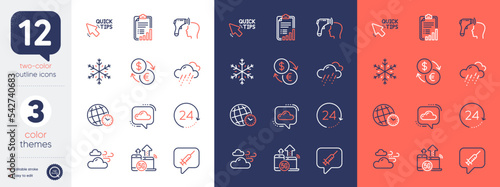 Set of Checklist, Quick tips and Snowflake line icons. Include Rainy weather, Currency exchange, 5g internet icons. Electronic thermometer, Cloud communication, 24 hours web elements. Vector